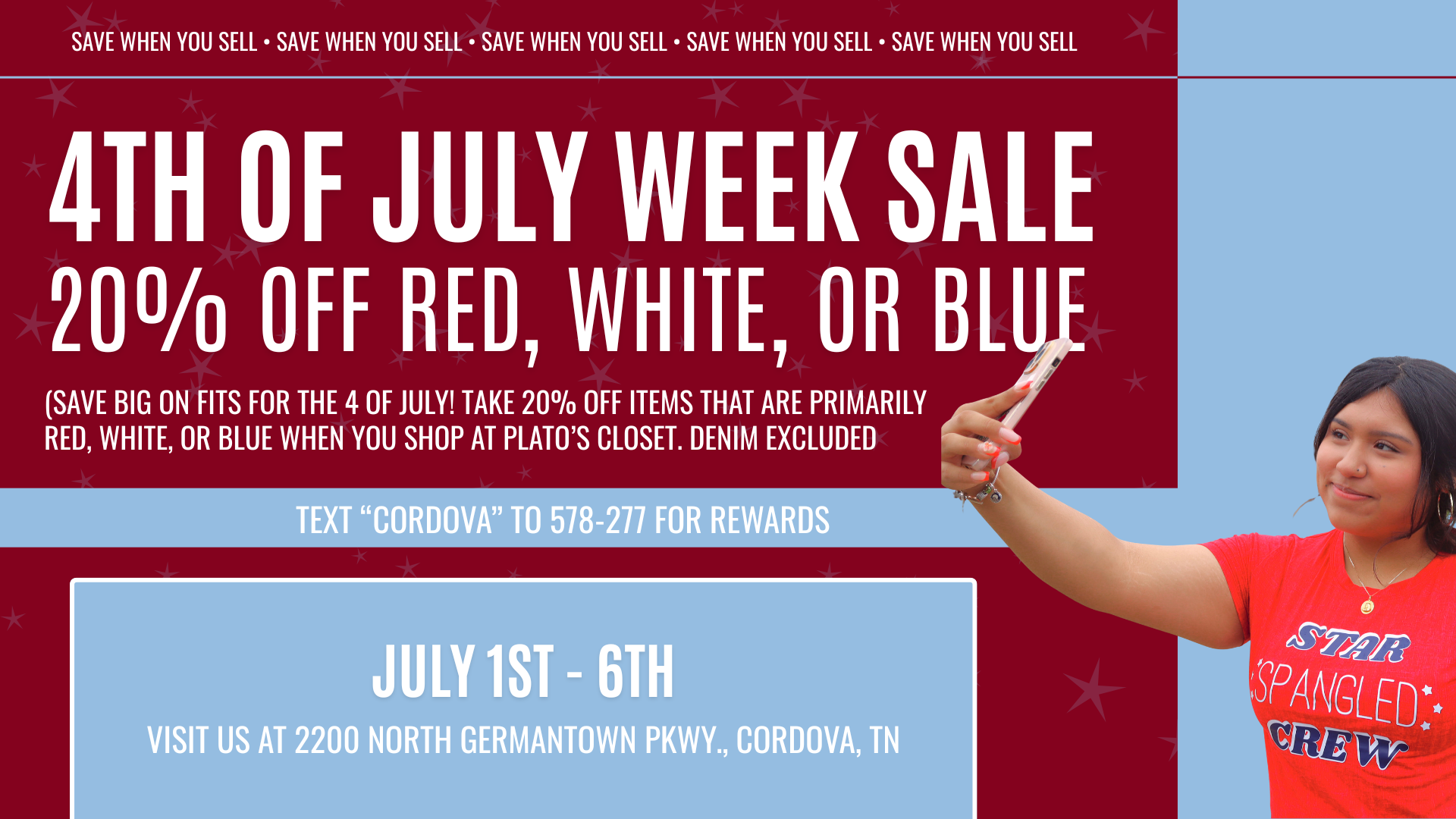 Clothing rack at Plato’s Closet Cordova featuring red, white, and blue summer outfits including shorts, tanks, dresses, and sneakers with a sign promoting the 4th of July Week Sale from July 1–6 and 20% off all themed items.